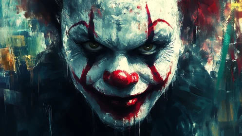 Sinister clown portrait in dark abstract paint style.