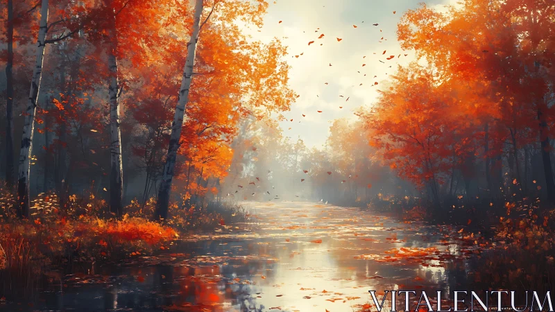 Sunlit autumn river reflects glowing crimson forest