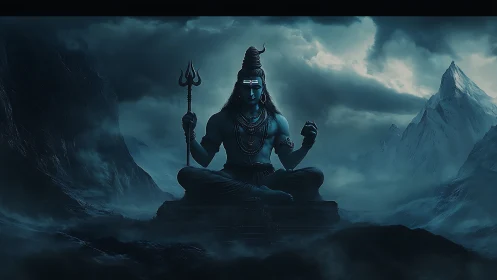 Seated blue deity with trident in mountainous night setting.