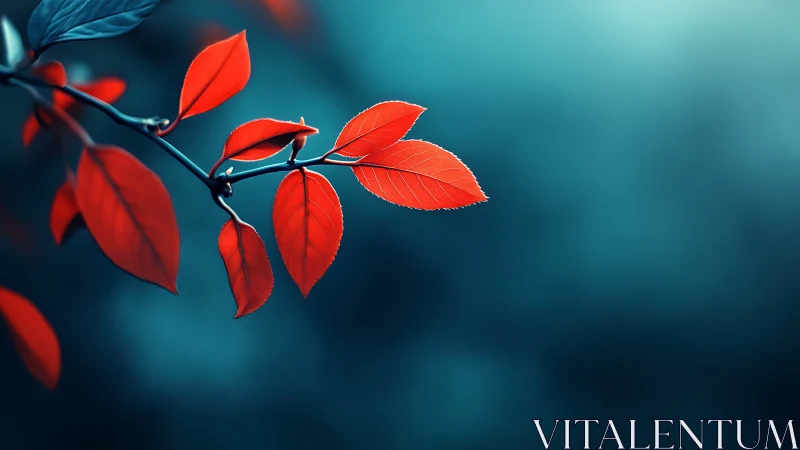 Vibrant red autumn leaves on branch with soft blue background.