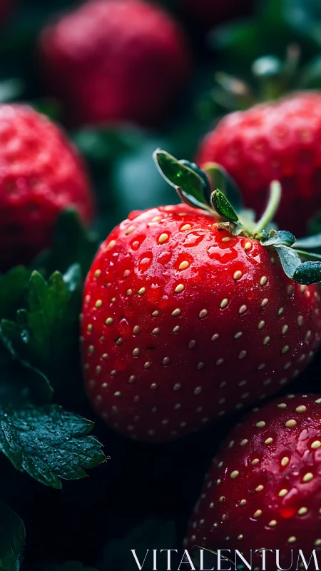 Ripe strawberry glistens with moisture in shallow depth field