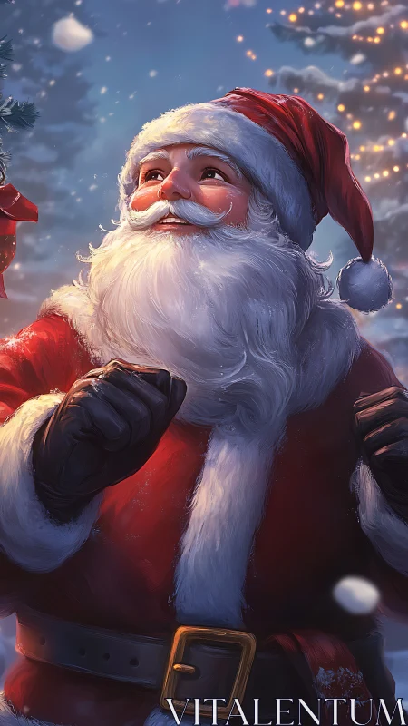 Joyful Santa Claus gazes upward amid softly falling snow.