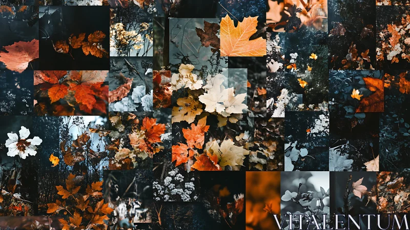 High-contrast autumn foliage collage with desaturated forest micro-scenes