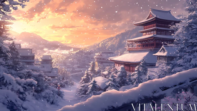 Snow-laden Japanese temple city under radiant winter sunset.
