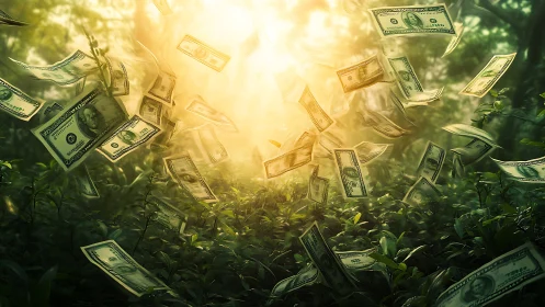 Money notes swirl through lush forest under golden light.
