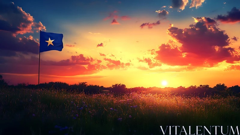 Lone star banner greeting a blazing wildflower sunset sky.