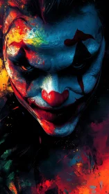 High-contrast clown portrait with chaotic neon paint textures