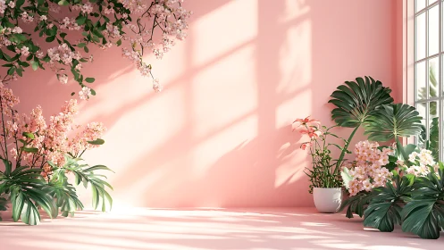 Pink interior corner filled with lush indoor plants.