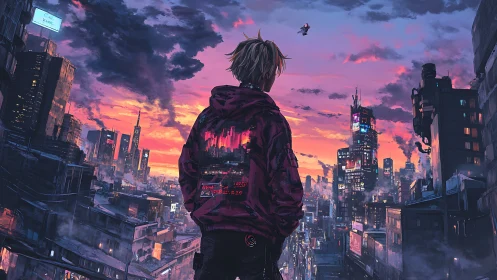 Lone hooded figure overlooking neon cyberpunk city at dusk.