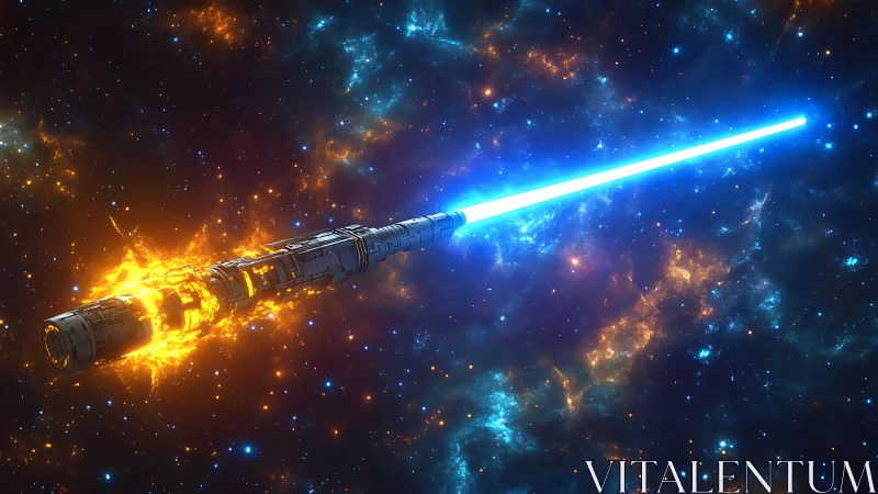 Sci fi energy sword ignited in deep outer space scene.