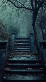 Misty stone staircase ascending through eerie forest path.