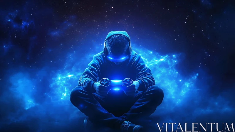 Cosmic gamer drifts through neon starlight and soft pixels.