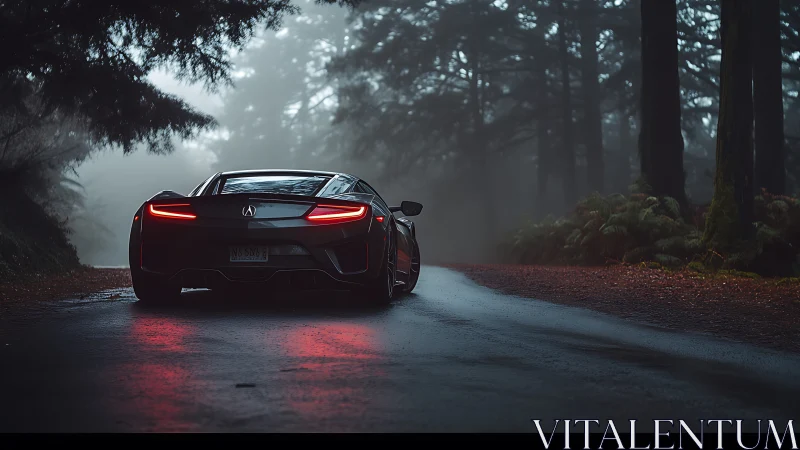 Sports car on wet forest road with rear lights glowing.