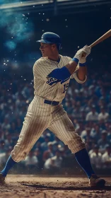Pinstriped slugger pauses mid-swing as stadium lights roar
