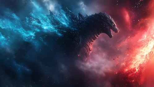 Cosmic kaiju roars between tidal waves of fire and frost.