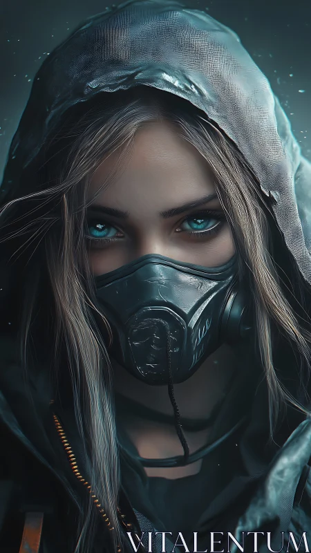 Hooded cyberpunk survivor with mask and neon eyes.