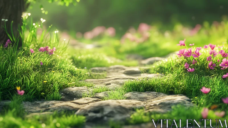Stone garden path bordered by pink wildflowers in sunlight.