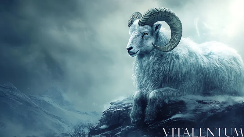 White mountain ram rests above a brooding winter storm