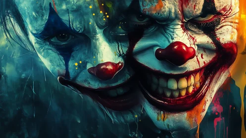 Dual sinister clown visages rendered in hyperreal digital chiaroscuro