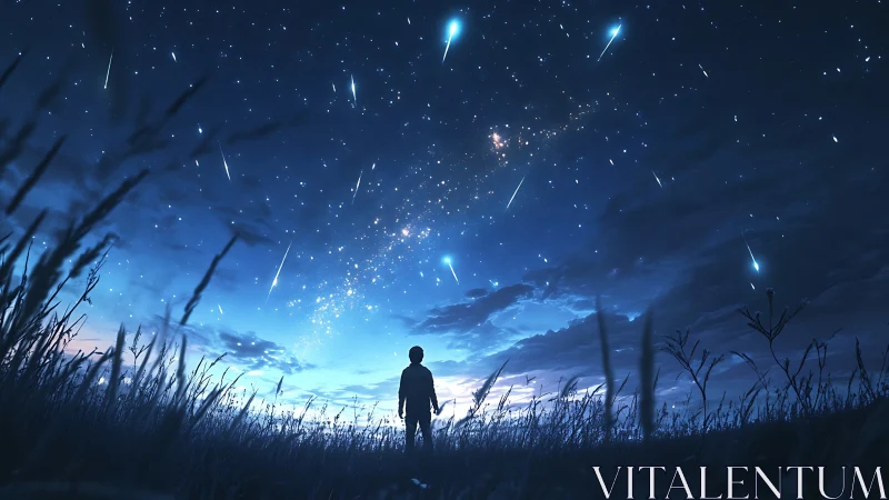 Silhouette observing meteor shower over night grassland.