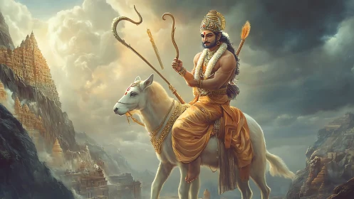 Divine warrior rides celestial mount through stormlit temples