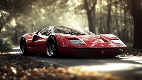 Red sports coup&eacute; on forest road in soft morning light.