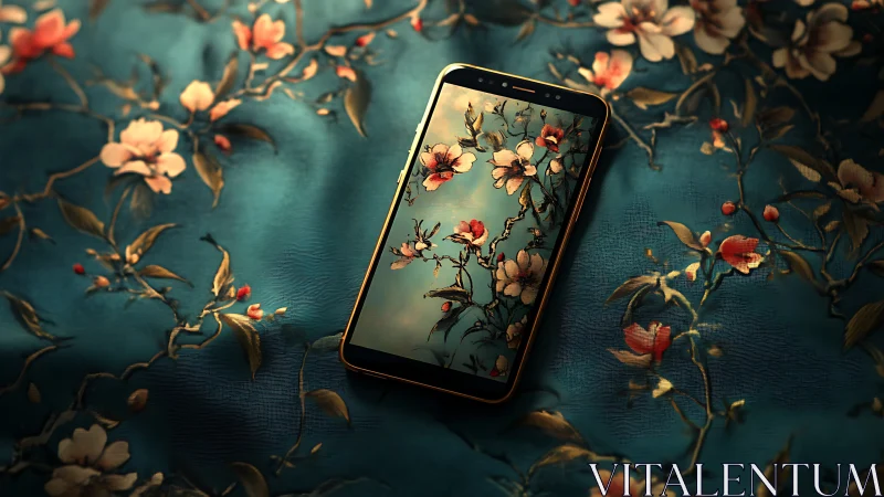 Blossom-lit smartphone dreaming on teal silk garden surface.