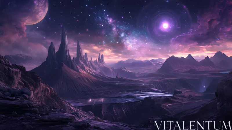 Alien mountain landscape under purple nebula-filled night sky.