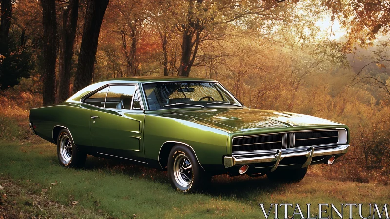 Emerald muscle car idling in honeyed autumn forest light.
