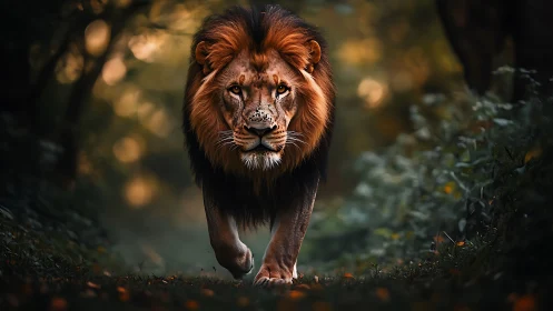 Regal male lion advances through forest corridor in soft bokeh light