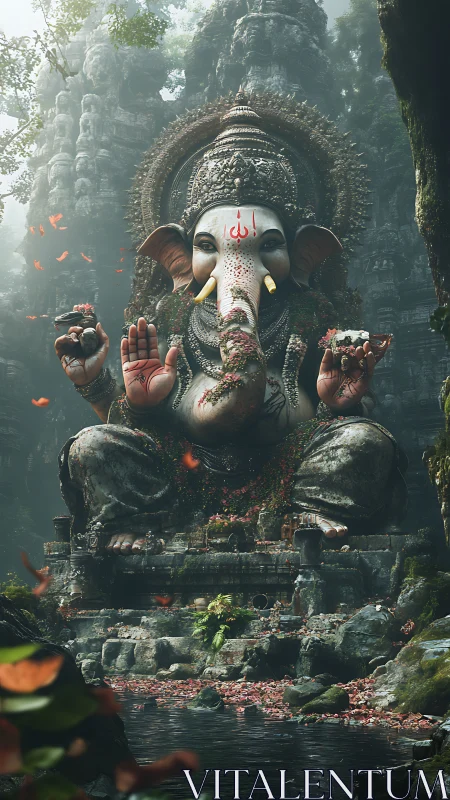 Overgrown Ganesha stone colossus in misted jungle shrine