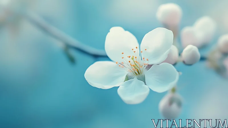 Delicate White Blossom Petals with Golden Stamens Against Soft Blue Bokeh Background