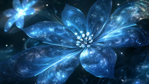 Luminous cosmic flower unfurls in deep sapphire starlight