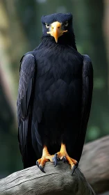 Regal black eagle stands poised with a calm, focused stare