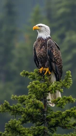 Bald eagle in sharp focus perched on conifer amid soft bokeh
