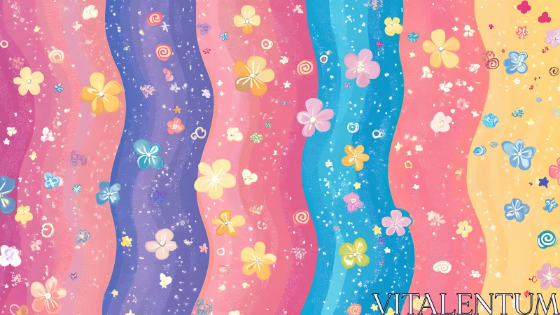 Wavy vertical bands of pastel color display scattered stylized flowers