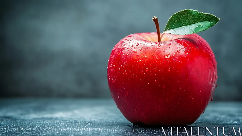 Glossy red apple resting quietly on a dewy tabletop.