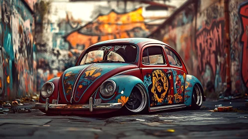 Colorful graffiti beetle resting in a gritty urban alleyway.