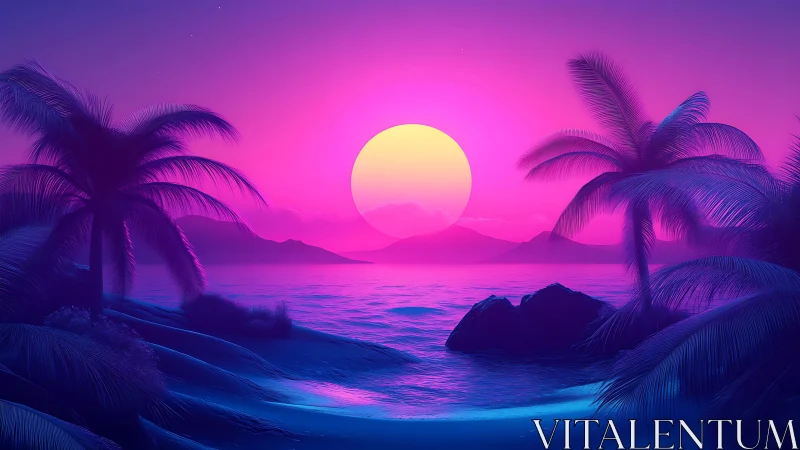 Neon dusk tide over dreamlike palms and glowing horizon.