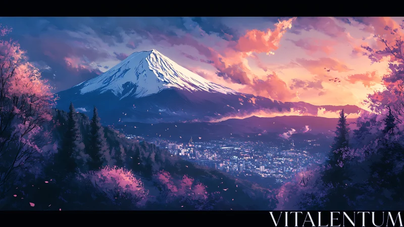 Sunlit Mount Fuji rises over a cherry blossom cityscape at dusk