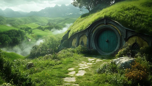 Grass-covered hillside dwelling with round door in valley.