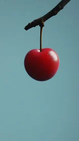 Minimalist photoreal cherry study on cyan negative space.