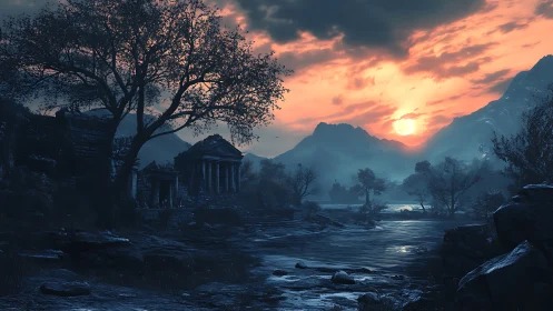 Ruined riverside temples below mountains at sunset.