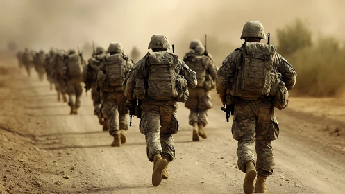 Dusty road march with soldiers moving in shared resolve.