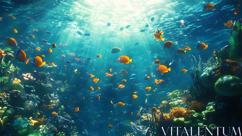 Sunlit tropical reef shimmers with colorful fish in motion