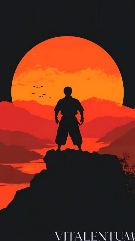 Silhouetted figure stands on cliff before oversized red sun