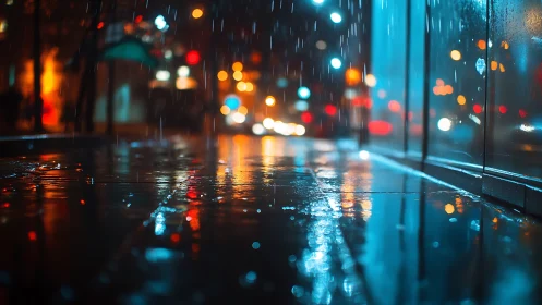 Nighttime city sidewalk with rain reflections and bokeh lights.