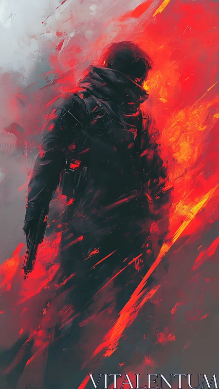 Lone tactical figure emerging through abstract crimson fire.