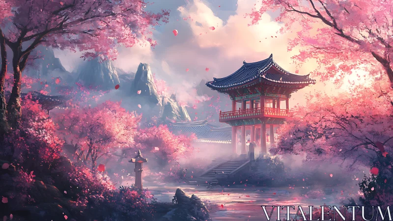 Digital painting of misty cherry blossom shrine pavilion at dawn.