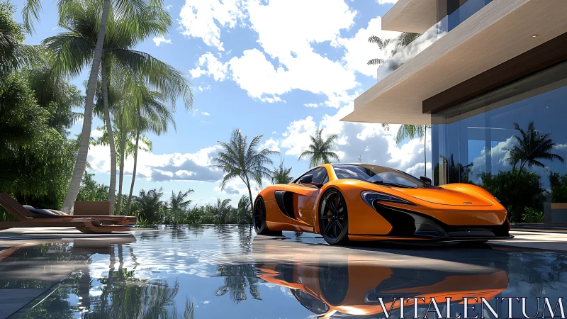 Sunlit supercar resting by a serene tropical poolside.